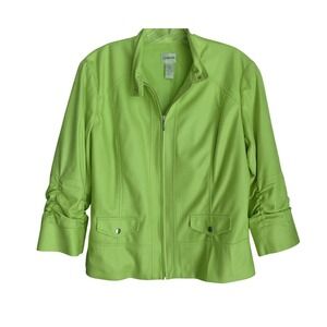 Chicos Lime Green Faux Leather Textured Zip Up Ruched Sleeve Jacket Size 2 L